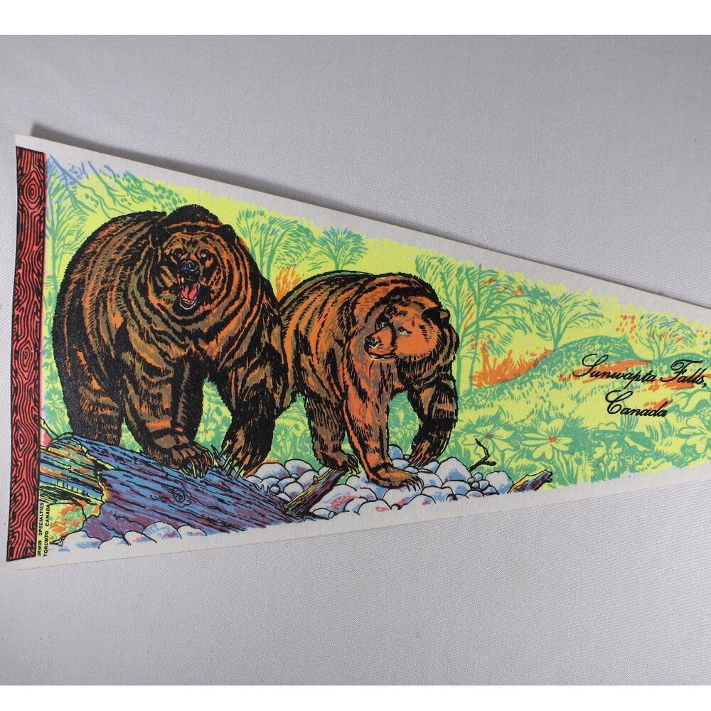 Vintage 29.5" Canada grizzly bears felted pennant, Sunwapta Falls tourist